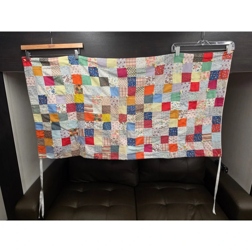 Vintage Handmade Patchwork Quilt Panel Multi Color Scrap Fabric Hand Tied 50x26